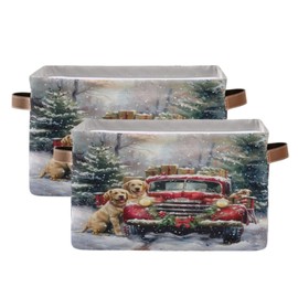Christmas Truck Golden Retriever Storage Basket Fabric Kitchen Baskets Winter Car Dogs Xmas Tree Open Home Storage Bins Boxes Foldable Organizer Bag for Book Shelf Closet Baskets 16×12×8 Inches