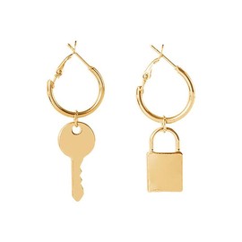 coadipress Lock Key Earrings for Women Unique Silver Plated Asymmetric Padlock Dangle Hoop Earrings Geometric Key Punk Edgy Aesthetic Jewelry (Gold Lock Key)