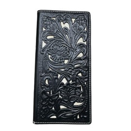 Western Stakes Classic Floral Cutout Soft Leather Checkbook Style Cowboy Hand Crafted High End Mens Wallets Bi Fold Tooled Leather Gifts For Men (Black & White)
