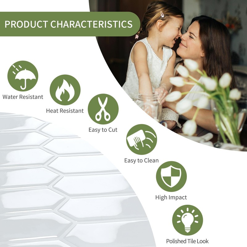 White Long Hexagon Tile Peel and Stick Backsplash, 10 Sheets