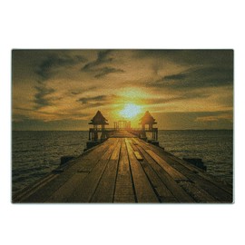 Ambesonne Beach Cutting Board, Wooden Dock Serene Bangkok Bay Morning Sunshine and Ocean Picture Print, Decorative Tempered Glass Cutting and Serving Board, Small Size, Dark Blue Yellow Brown