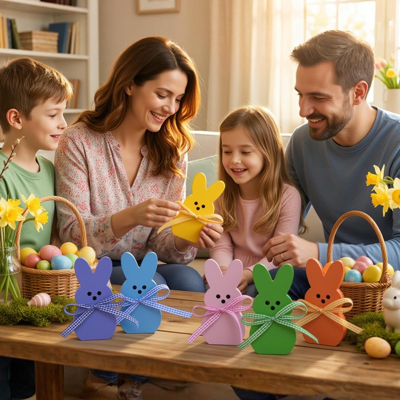 OLANRUN Easter Decorations for Home, 6 Pcs Wooden Bunny Table