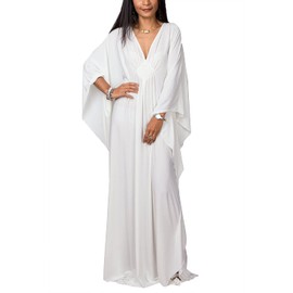 LikeJump Women Boho Kaftan Beach Cover Up Swimwear Kimono Maxi Dress Plus Size Tpos A White