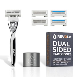 REVOLV - Men’s Razor Shaving Kit - 1 Premium Weighted Handle + 3 Dual-Sided Cartridges + 1 Stand - For a Closer, Smoother Shave - Safe on Sensitive Skin - 2 Razor Blade Refills - Grey
