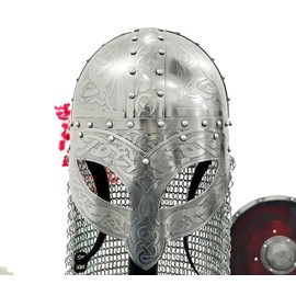 L M Handicrafts Medieval Viking Helmet Armor Vendel Steel Etched Helmet With Chainmail and liner