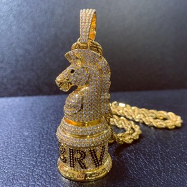 ICEDIAMOND Sparkling CZ Diamond Knight Chess Pendant Chain Necklace, 18K Gold Plated Iced Out Big Warhorse Cavalry Pendant, Hip Hop Charm Jewelry for Men (Gold)