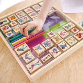 Melissa & Doug Deluxe Wooden Stamp and Coloring Set – Fairy Tale (30 Stamps, 6 Markers, 2 Durable 2-Color Pads) - Fairy Tale-Themed Stamps For Kids Activity Set