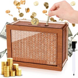 Wooden Money Box Money Bank, Countdown Money Saving Box with 3000 Dollars Target, Money Box with Money Target and Numbers to Check for Boys Girls (3000 USD)