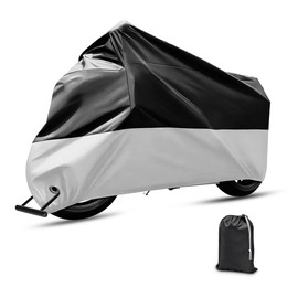 JNNJ Waterproof Motorcycle Cover, Universal Waterproof Motorcycle Tarpaulin, Motorcycle Scooter Anti-UV Dust Protection for Outdoor, for Scooter Motorcycle (Black/Silver)