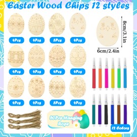 IWTBNOA Children's Easter Crafts, Pack of 112 Wooden Easter Pendants with Hole, Easter Eggs for Painting, Easter Eggs Wooden Discs, Unfinished Craft Set for Children, Easter Decoration