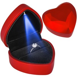 Heart Ring Box with LED Light, Luxury LED Lighted Engagement Ring Box, Velvet Earrings Jewelry Case with Light, Jewelry Display Box for Wedding, Engagement, Proposal, Birthday and Anniversary-Red
