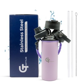 GT BOTTLES 18oz Stainless Steel Vacuum Insulated Wide Mouth Water Bottle with 3 Lids and Paracord Handle for Hot & Cold Beverage (Light Purple, 18oz)