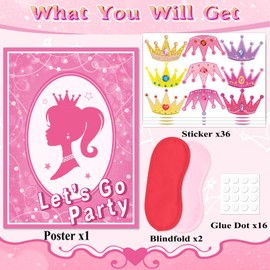 QISOLIY Pin The Crown on The Princess Party Game, Pink Girl Party Game, Large Poster with 36 Pcs Bow Stickers Favors for Girls Kids Princess Birthday Party Supplies