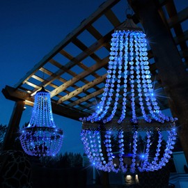 Hanging Solar Lantern Outdoor, 28” Modern Clear Crystal Acrylic Chandelier with 30 Blue Lights S Hook for Garden, Yard, Patio, Gazebo Decorations