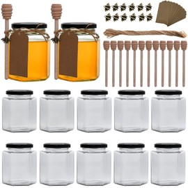Woaiwo-q Clear Hexagon Glass Jars, 12 oz 12 Pack with Black Lids, Wooden Honey Sticks, Bronzy Bee Pendants, Big Tags, 15m Jute Twine, Glass Jars for Honey, Liquid and More