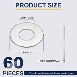 sourcing map M10 Flat Washer for Screw, 60Pcs Metal Washers 10MM ID x 25MM OD x 1MM Thick