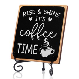 YBEATY Wooden Coffee Sign Rise & Shine It's Coffee Time Decor Funny Bar Accessories Decorations Supplies Farmhouse Wood Plaque with Stand for Women Men Home Office Kitchen Tabletop Shelf