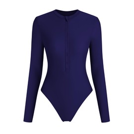 ZAFUL Women's Long Sleeve Rash Guard Swimsuit One Piece Zipper Surfing Bathing Suit Solid Navy Blue S