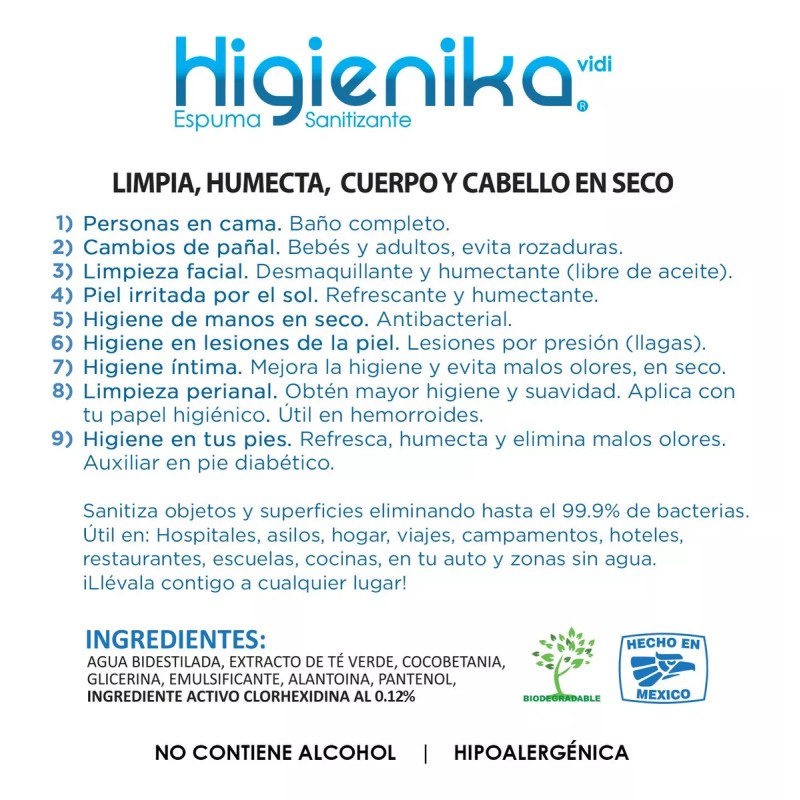 Higienika Espuma Jabón En Seco Sin Enjuague 160 Ml Higienika