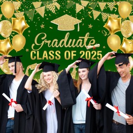 Avezano 7x5ft Graduation Backdrop Class of 2025 Graduation Party Decorations Green and Gold Congrats Grad Party Banner Supplies