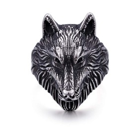 PAURO Men's Stainless Steel Silver Black Vintage Wolf Head Biker Ring Size 12