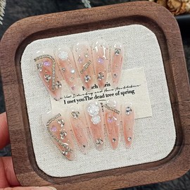 TENPAL Handmade Press on Nails Stiletto Rhinestones Pink Nails Press ons Ballet Acrylic Fake Nails With Diamond Camellia Designs 10pcs/Box Glue on Nails Long Y2k Sweet Cool Artificial Nails(S)