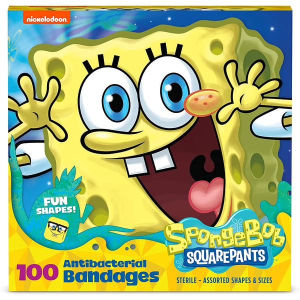 Spongebob Bandages, 100 ct | Adhesive Antibacterial Bandages for Minor Cuts, Scrapes, Burns. Easter Basket Stuffers for Kids & Toddlers