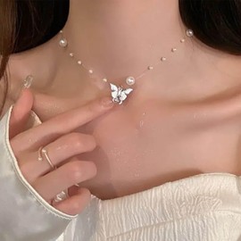 Yienate Boho Butterfly Pendant Necklace Choker Vintage Pearl Butterfly Necklace Invisible Line Chain Pearl Necklace Statement Bridal Pearl Satellite Chain Necklace Jewelry for Women and Girls