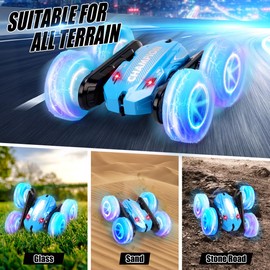 QIZEBABY Remote Control Cars for Kids,2.4Ghz RC Cars with Colorful Lights, 4WD Double Sided 360° Rotating Race Stunt Car,Gifts for Boys 6 7 8 9 10 11 12 Years Old (Blue)
