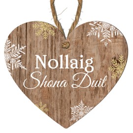 Christmas Heart Plaque in Rustic Brown - Choose from 4 Festive Designs: Merry Christmas, Nollaig Shona Duit, Nollaig Chridheil, Nadolig Llawen (Irish - Nollaig Shona Duit)