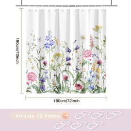 Boho Floral Shower Curtain for Bathroom, Farmhouse Rustic Vintage Colorful Wildflower Shower Curtain with 12 Hooks, 72 X 72 Inch Waterproof Fabric Bath Curtain for Floral Bathroom Decor