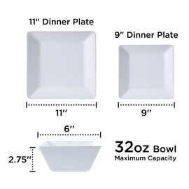 TP 12-Piece Square Dinnerware Set, Melamine Dishes Set with Bowls and Plates, Non-breakable Lightweight Dinner Service for 4