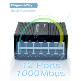 Atroodac 12-Port Mini Gigabit Network Switch, DIN-Rail Industrial, Unmanaged Ethernet Switch, Metal Housing Fanless, 24 Gbps Switching Capacity