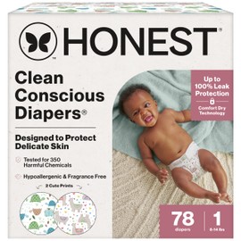 The Honest Company Clean Conscious Diapers for Delicate Skin | Up to 100% Leakproof | Hypoallergenic, Fragrance Free | Gender Neutral | Club Box, Size 1 (8-14 lbs), 78 Count (Prints May Vary)