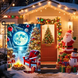 BlissYard Christmas Garden Flag 12x18 Inch Full Moon Over Fireplace Scene with Tree and Gifts Yard Flag Double Sided Outdoor Winter Welcome Flag for Holiday Lawn Décor