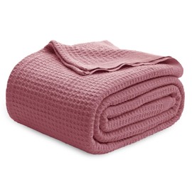 Bedsure 100% Cotton Blanket Queen Size for Bed - Breathable and Soft, Waffle Weave Blanket for Summer Spring, Dusty Rose, 90x90 Inches
