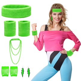 80s Fancy Dress Costumes Accessories 1980s Fancy Dress Party Sets for Women 80s Fancy Dress Accessories include Headband and Wristbands Sweatbands,80cm Necklaces,Fishnet Gloves,Earrings (Green)