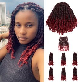 10 Inch 7 Packs Pre Looped Pretwisted Passion Twist Crochet Hair for Black Women and Kids-Ombre Burgundy,Soft Hair Extensions Braided by Synthetic Spring Kinky Twist Bohemian Curl(10"-7 Packs,T1B/BUG)
