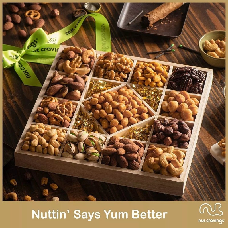 Nut Gift Basket in Wooden Tray + Green Ribbon (13