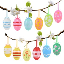 AhfuLife 12Ppcs Easter Eggs Hanging Ornaments Decorations, Plastic Egg for Easter Tree, Easter Colorful Eggs Painted Egg for Home Party Decor (Style 1)