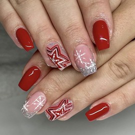 Christmas Press on Nails Short Square - QUNQINLI Red Fake Nails with Snowflake Striped Five-Pointed Star Designs Christmas Nails Full Cover Glitter French False Nails for Women Decoration 24Pcs