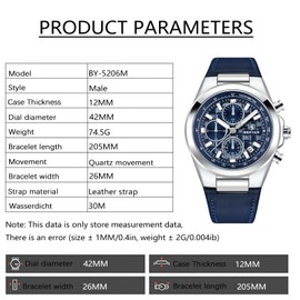 BENYAR Quartz Movement Chronograph 30M Waterproof Luminous Date Classic Leather Strap Men's Watches(Silver Blue)