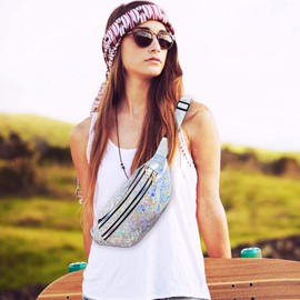 Bum Bag Women's Metallic Waterproof Bum Bag Fashion with Reflective Adjustable Waist Bag Girls for Women and Men Party Festival Sports Outdoor Travel, silver, Retro style of the 80s