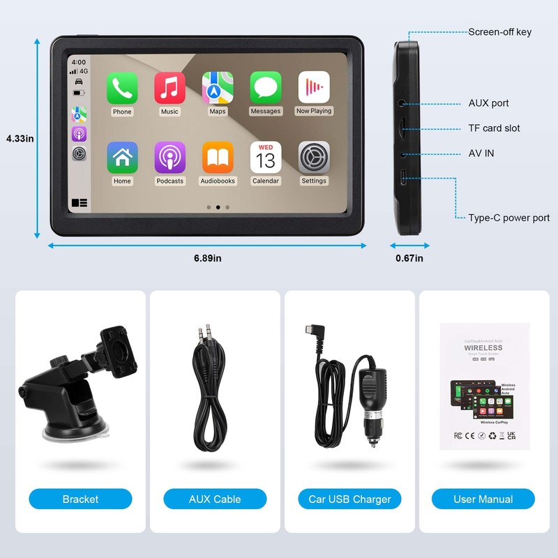 Wireless Carplay Screen for Car, 7" HD Portable Car Stereo