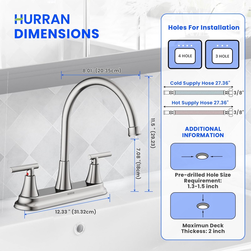 HURRAN 2 Handle Kitchen Sink Faucet, 8 Inch High Arc