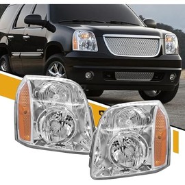 Headlight Pair Assembly Compatible with GMC Yukon/Yukon XL 1500 2500 2007-2014, Factory-OE-Style Head Lamp Replaces 15861026 15861025, w/o bulb, Chrome+Amber, Left and Right Side