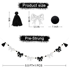 Silver Black Bow Decorations Pre-Strung Handmade Felt Bow Banner Wool Felt Ball Wooden Beads Bow Garland Streamer for Home Mantle Fireplace Decor Coquette Birthday Bachelorette Wedding Party Supplies