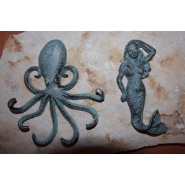 Cast Iron Home Decor Collectibles Vintage-Style Bronzed-Look Mermaid Octopus Bath Wall Hook Set, Bundle 2 Items