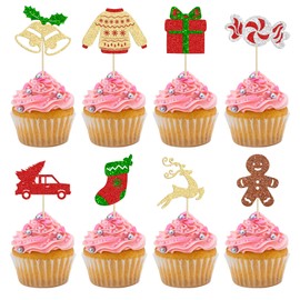24 piezas de decoración para cupcakes de Navidad con diseño de campanas de caramelos, caja de regalo, diseño de renos para cupcakes, temática de Navidad, Año Nuevo, festividades, fiestas, suministros de decoración de pasteles