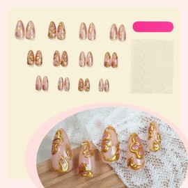Short Almond Press on Nails for Women Fake Nails with 3D Gold Flowers French Tips Acrylic Nail for 24 Pcs (Gold-7, M-7)